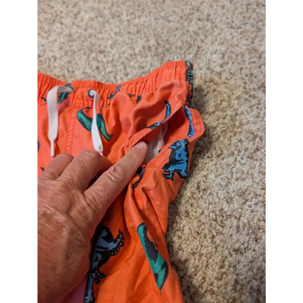 Hanna Andersson Boys Orange Dinosaur Print Swim Trunks Mesh Lined Shorts Size 5